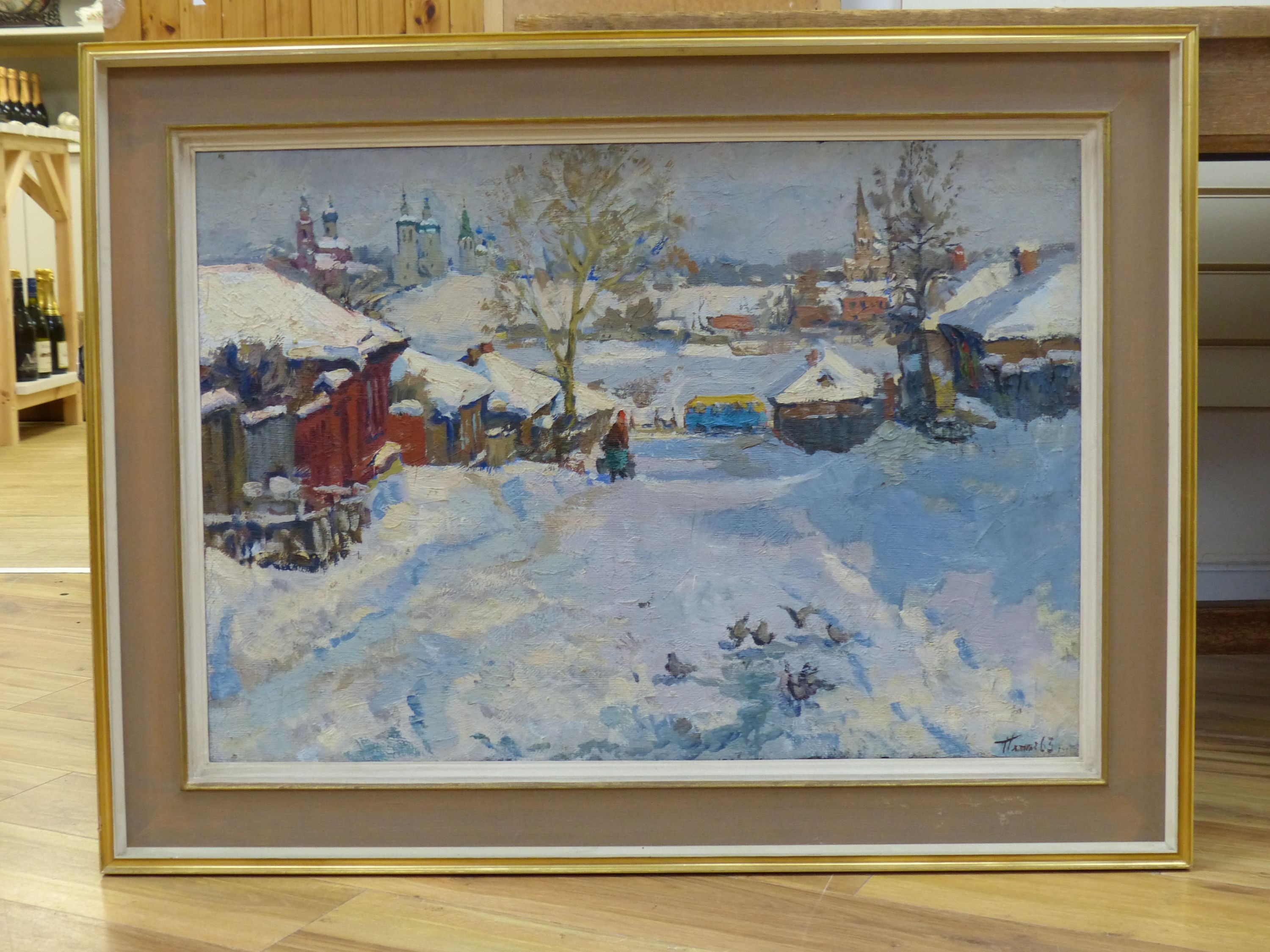 Russian School, oil on canvas, Town in winter, signed and dated '63 and inscribed verso, 57 x 81cm